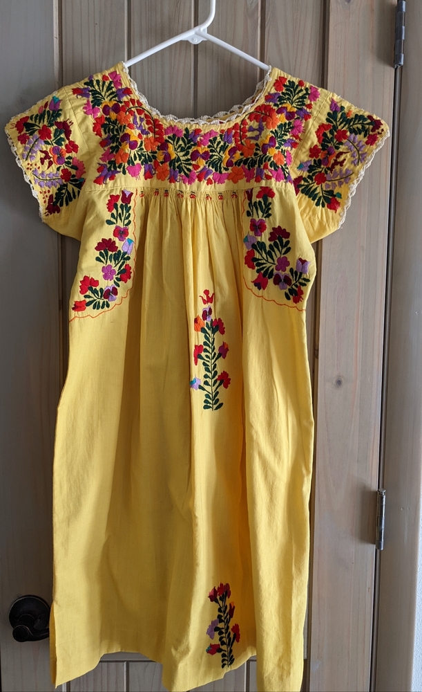 Mexican Oaxacan Yellow Embroidered Pansy Hippie Boho Mini 70s Tent Dress Size S
